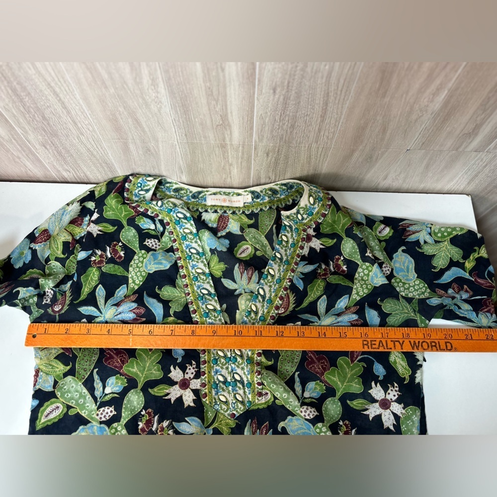 Tory Burch Embellished Garden Wisteria Beaded Garden Tunic Top Floral - Picture 11 of 15